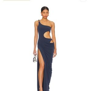 NBD Navy One-Shoulder Cutout Gown